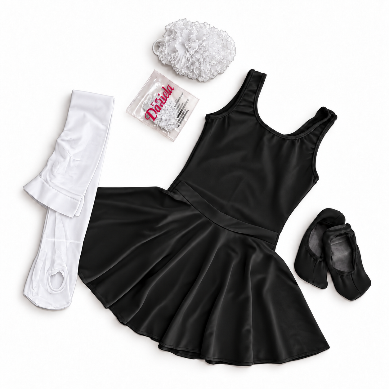 Kit ballet infantil completo preto com meia-calça e acessórios brancos
