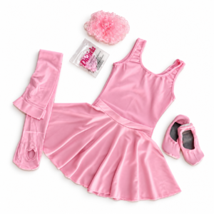 Kit ballet infantil completo rosa bebê com collant, saia, meia-calça e sapatilha rosa