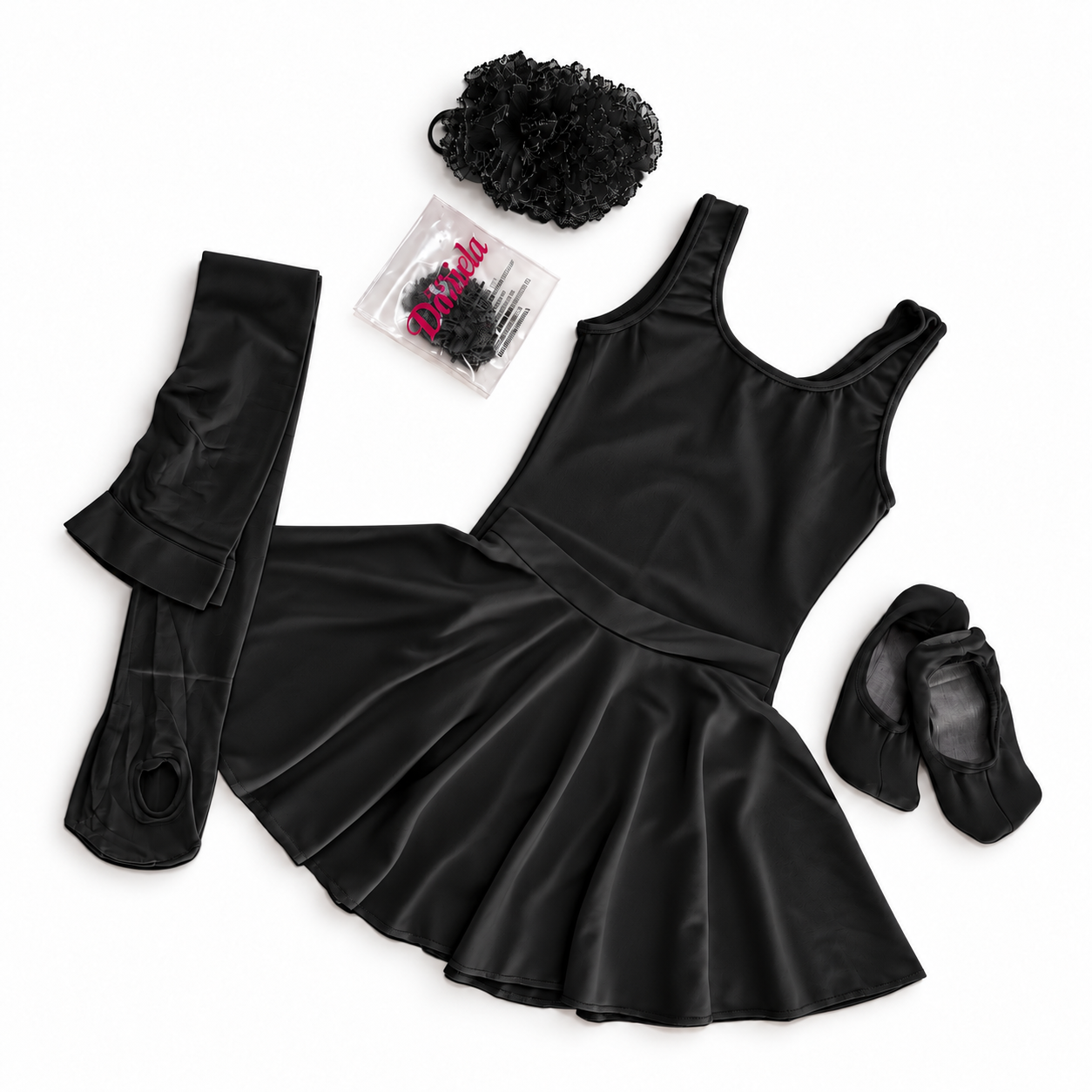 Kit ballet infantil completo preto com collant, saia, meia-calça e sapatilha pretos